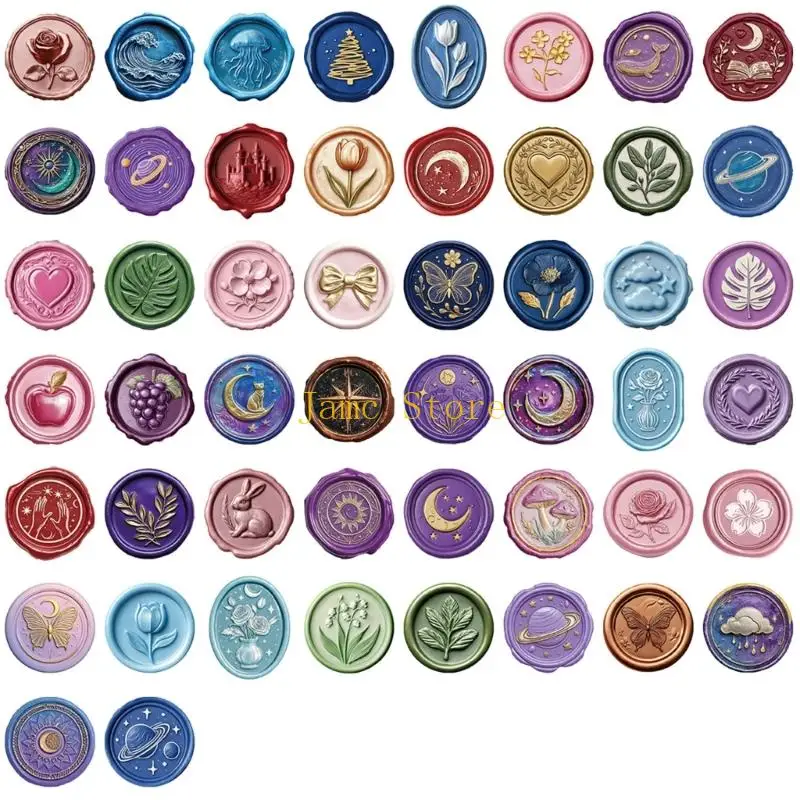 

LX0B Colorful Waxes Seal Stickers for Tablets 50Pcs Pack Pet Materials Removable Adhesive Creative Decoration