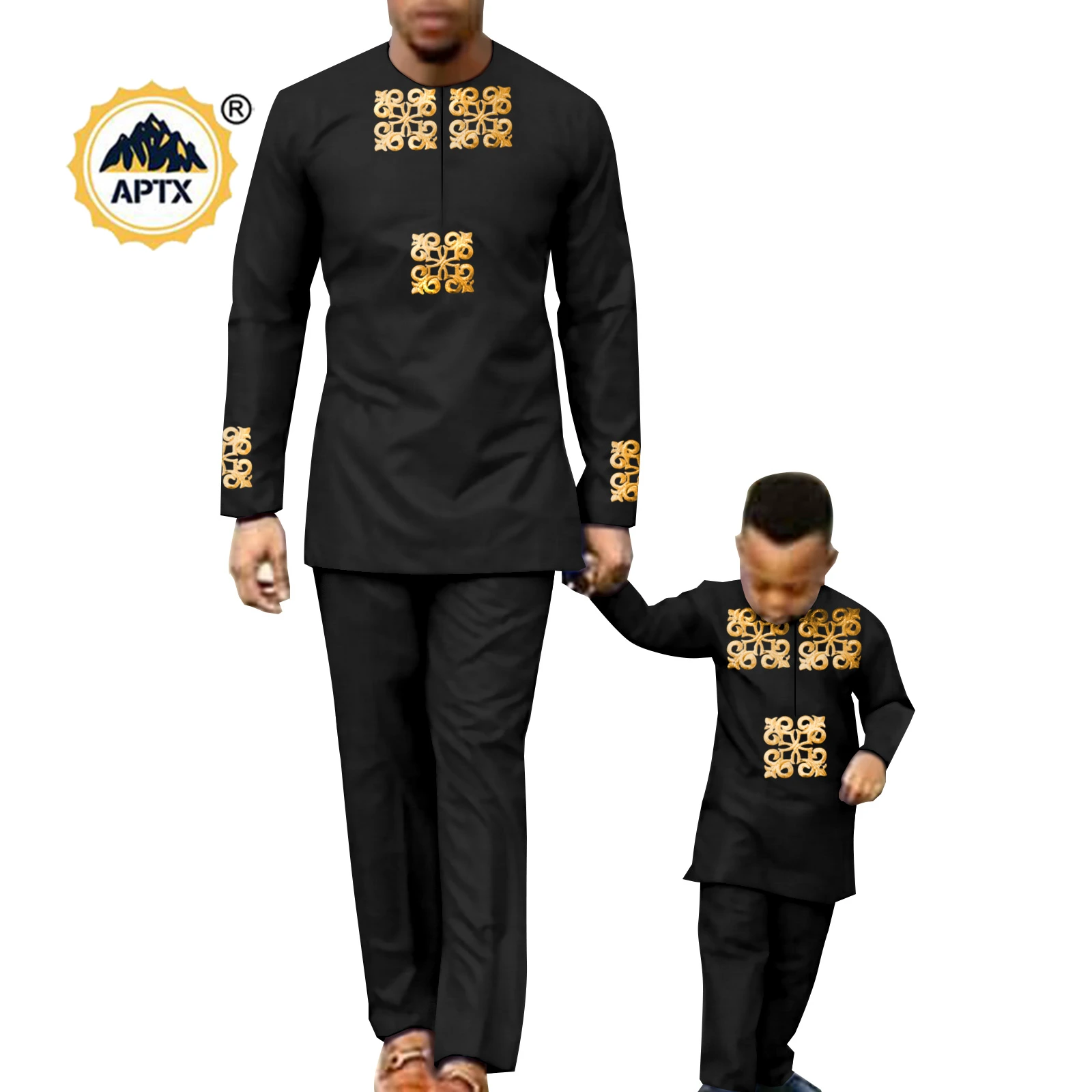 African Family Clothes Bazin Riche Men and Kids Suit Solid Top and Pants Robe Sets Dashiki Men Outfits 2 Pieces Sets Y22F004