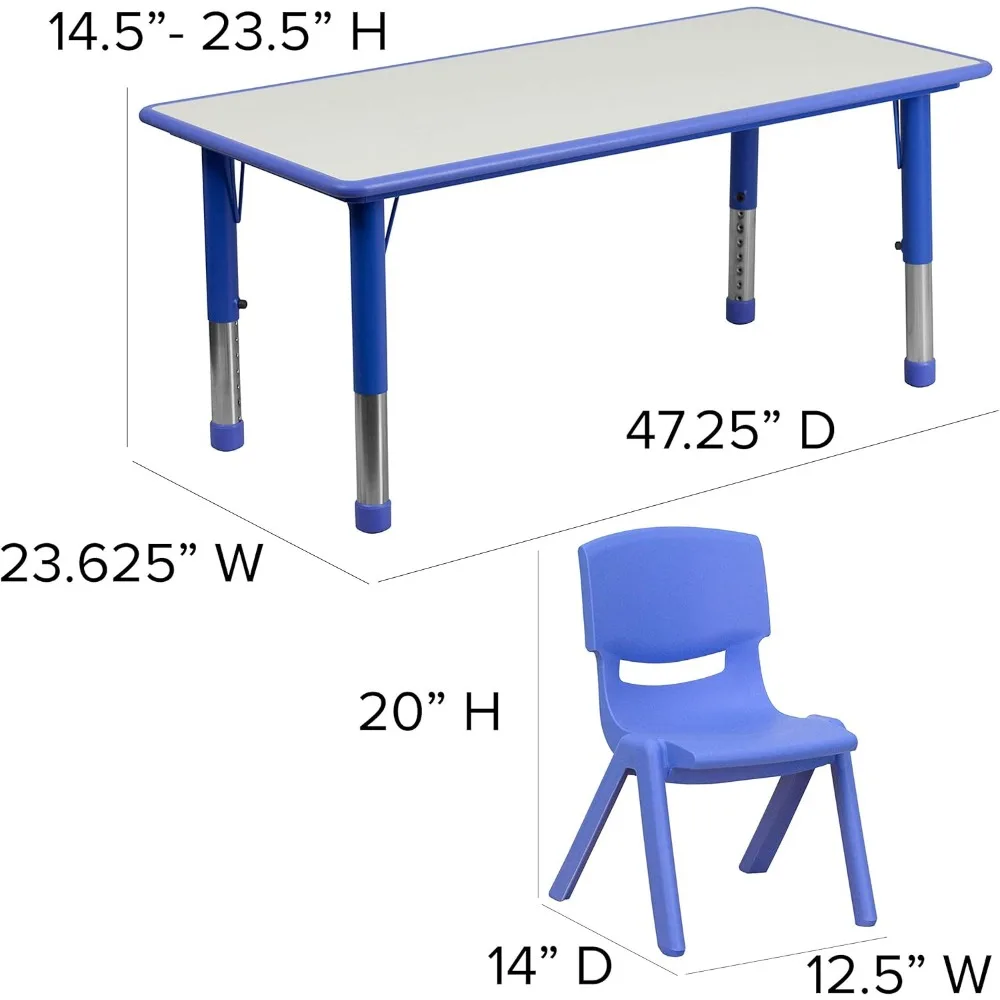 Mesa de atividades ajustável para crianças, mesa retangular de atividades plásticas, 6 cadeiras empilháveis, Emmy