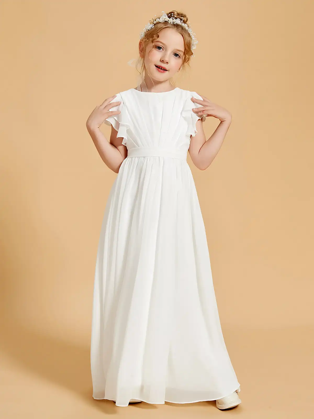 Ruffles Chiffon Flower Girl Dress, Scoop Neck, Flutter Sleeves, Andar de comprimento, Vestidos de casamento, Vestidos de festa infantil