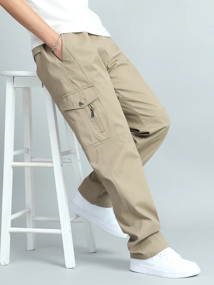 Pantalones de trabajo finos de algodón puro para primavera y otoño, pantalones informales holgados y rectos para hombre de mediana edad y ly, Multi ket, talla grande