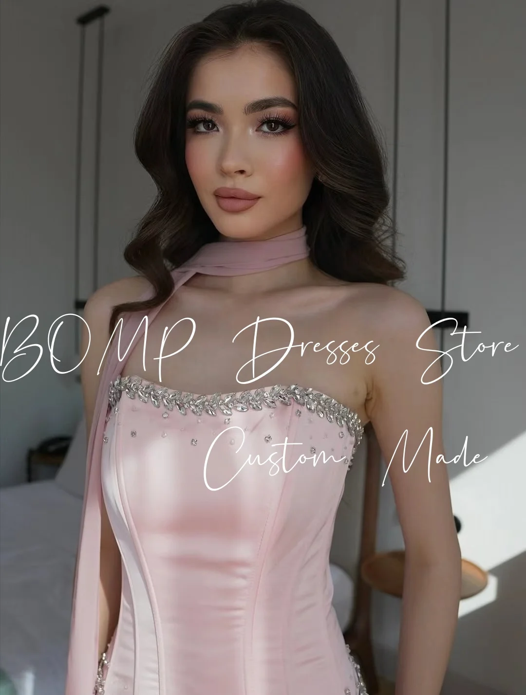 BOMP Prachtige kralen bruiloft feestjurk strapless korset gelaagde gedrapeerde a-lijn satijn speciale gelegenheid avondjurk op maat