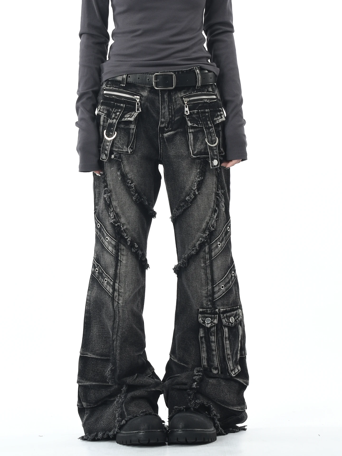

Retro American High Street Distressed Washed Frayed Hem Denim Jeans Punk Chic Micro Flared Long Trousers Trendy for Teens