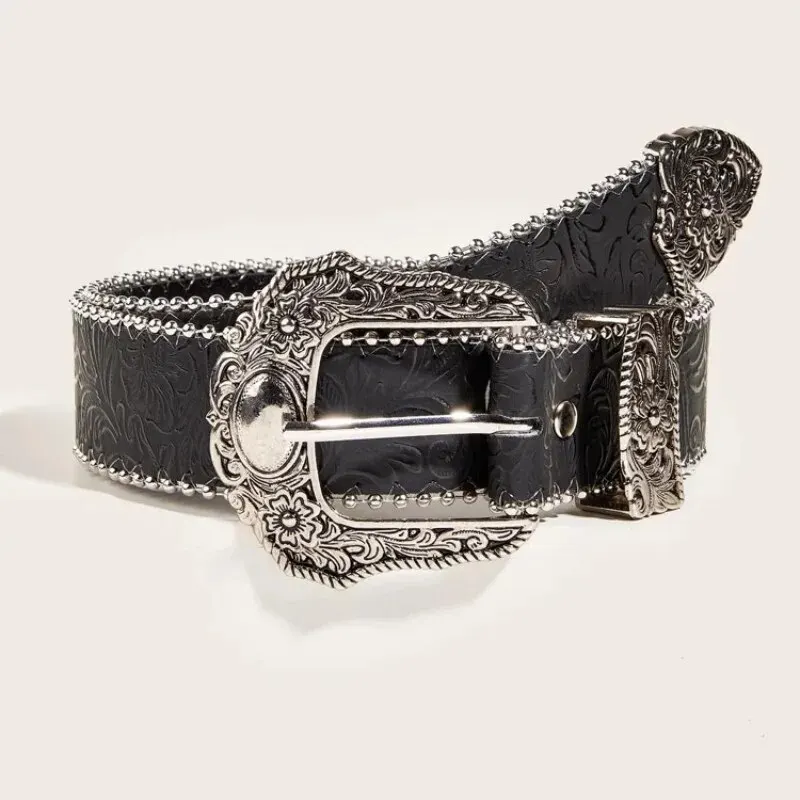 Zachodni skórzany pasek z PU Western Cowboy Women Cowgirl Unisex pas z metalową wygrawerowaną klamrą