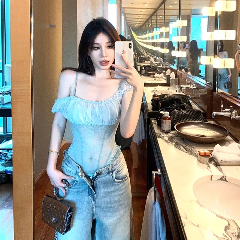 

Pure Desire, сексуальное кружевное боди, женский облегающий топ на бретелях, летняя горячая девушка, внутренняя одежда, базовая одежда, корейский Sle, поездка на работу, ветер