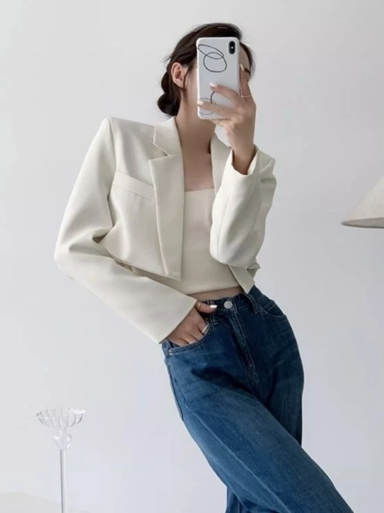 Fashion Women Short Blazer White Basic Jackets Top Elegant Solid Long Sleeve Open Front Coats Casual Short Outwear Office Coat