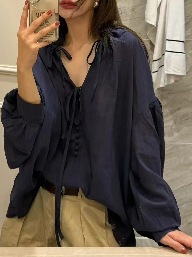 

Korean Sle Women's Long Sve irt Dstring Gown V-ne Loose Fit Romantic Aosphere Autumn Faion Casual Wear