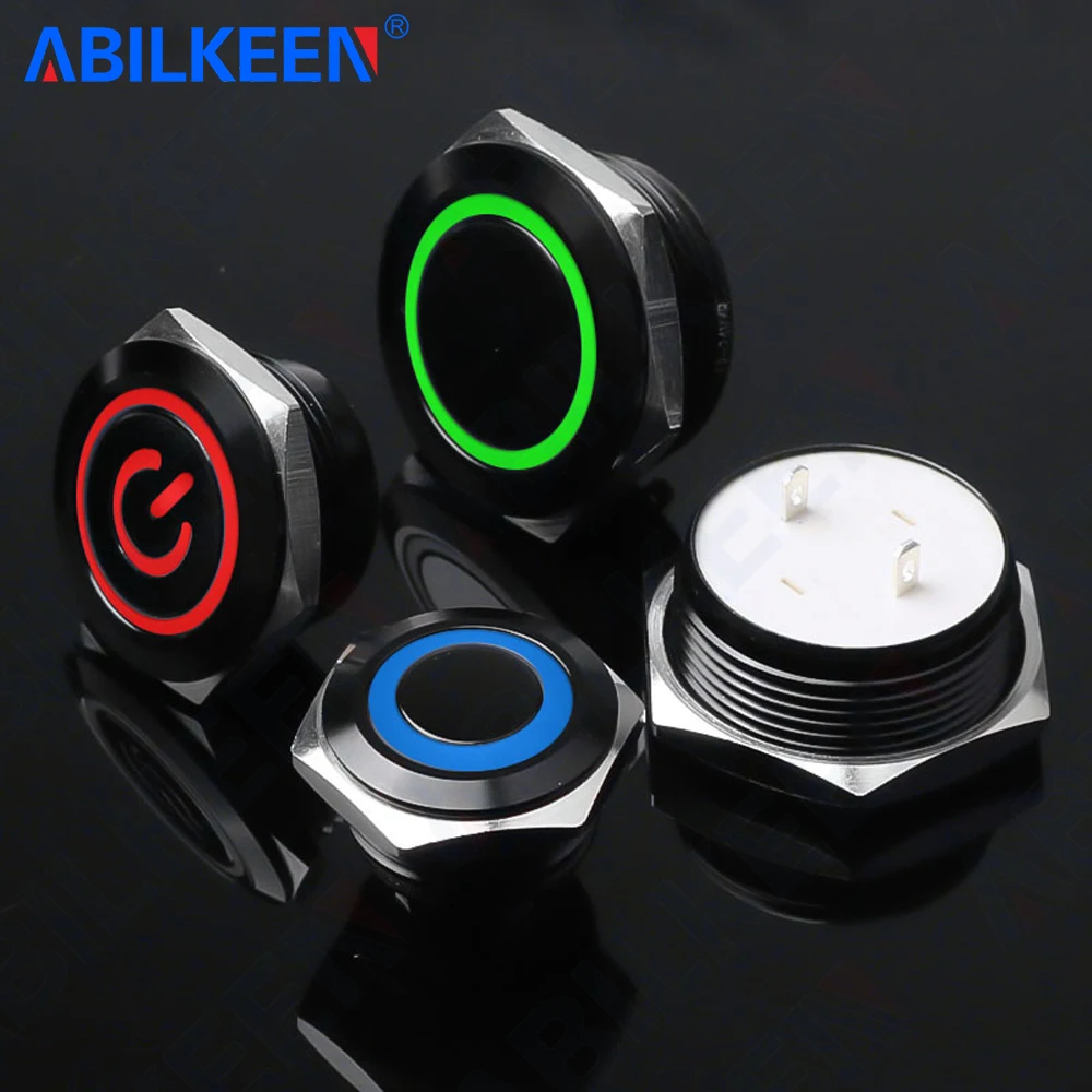 ABILKEEN 12/16/19/22/25/30MM Black Shell Ultra-Thin Push Button Switch 1NO Momentary Metal Push Button with LED Light 6V 24V