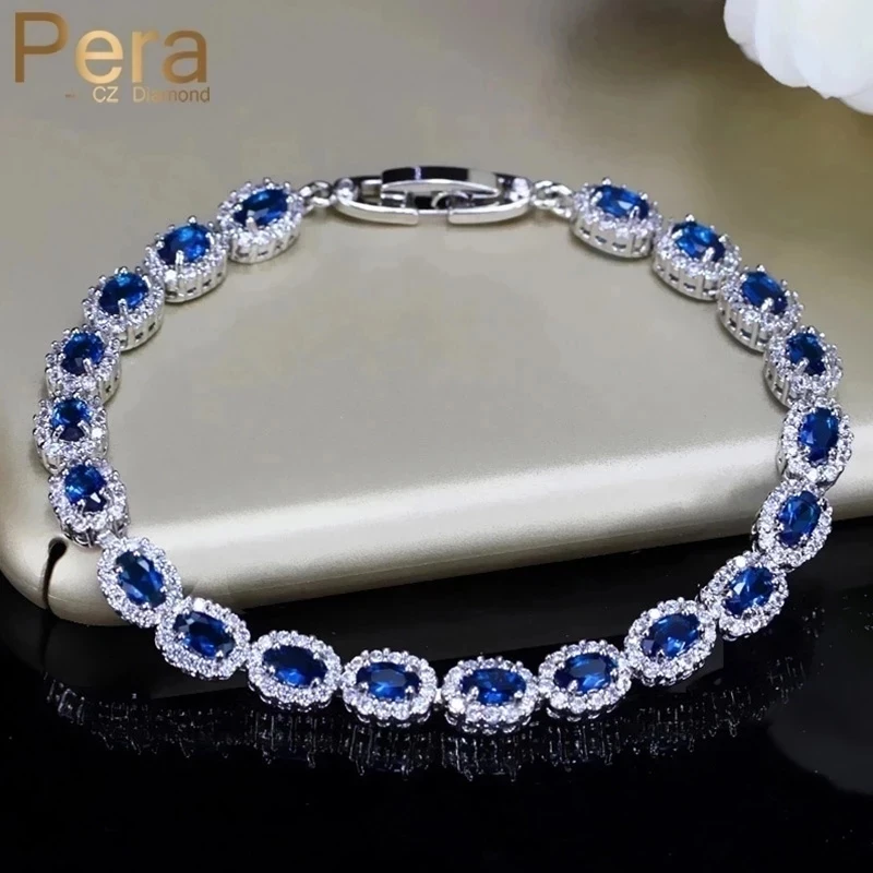 Pera Fashion Women Silver Color Summer Jewelry Design Dark Blue Cubic Zirconia Oval Chain Link Bracelets for Mothers Day B070