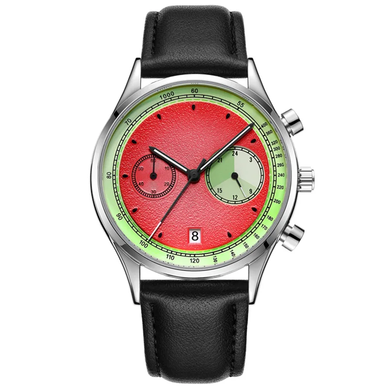 Meistverkaufte Wassermelonen-Rote Zifferblatt-Design Multifunktionale Quarz-Armbanduhr für Herren Personalisierte Leder Einzigartige Kreativität Herrenuhr