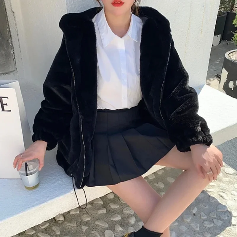2025 Winter Dikke Vrouwen Capuchon Faux Konijnenbont Jas Losse Casual Mujer Chaqueta Trekkoord Lange Mouw Warme Zachte Bont Bovenkleding