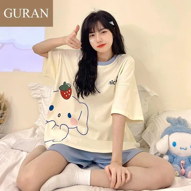 

Sanrio для девочек с короткими рукавами, 2 шт., Куроми, новый стиль, шорты для девочек, пижамы, летний хлопковый комплект, милый мультяшный модный уличный домашний костюм