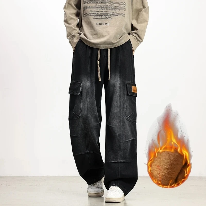 Winter Velvet Denim Pants Men Big Size 8XL Streetwear Wide Leg Washed Jean Pants Men Trousers Neutral Loose Casual Outdoor Pants
