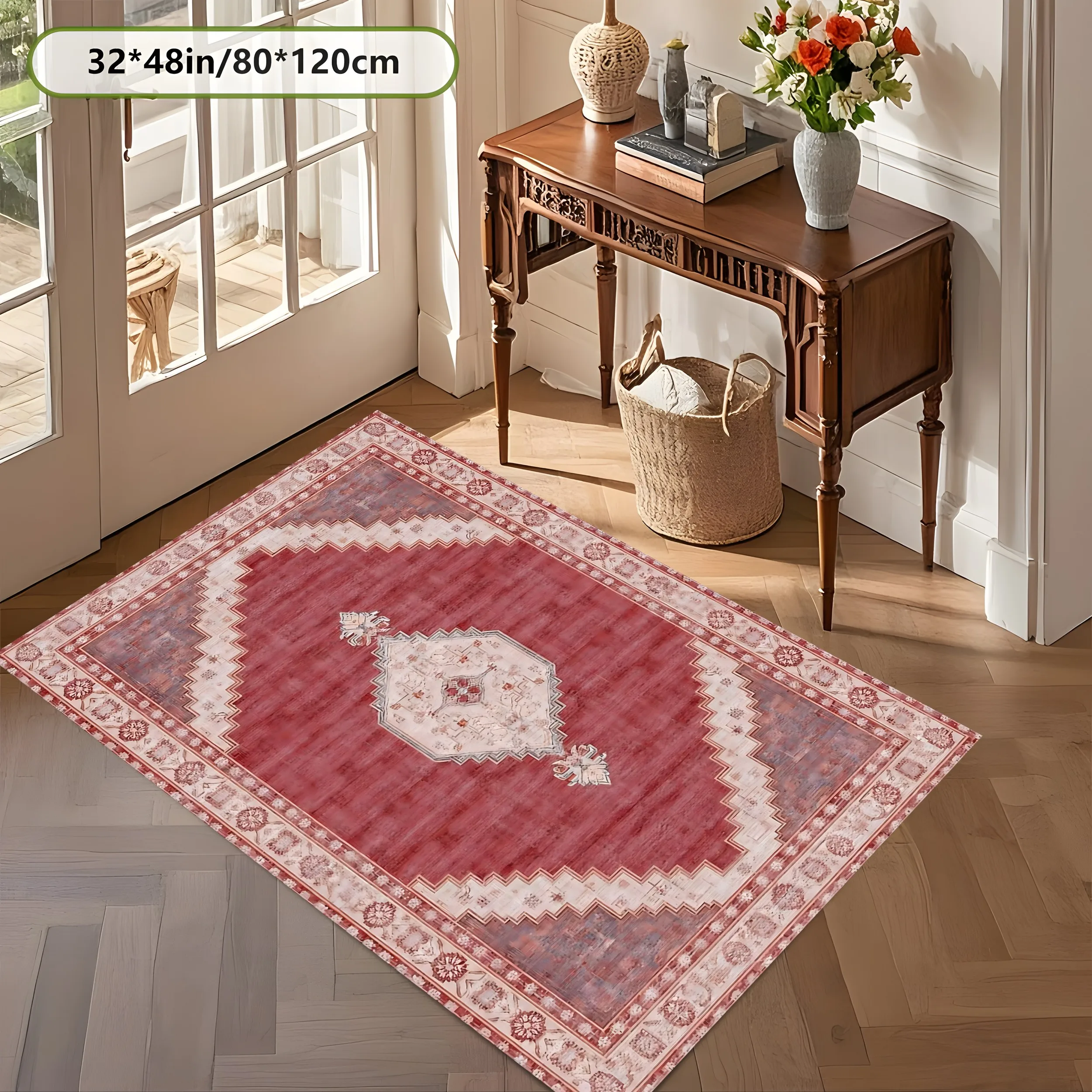 2D Large Carpet with Red Background, Diamond Pattern, Persian Style, Ethnic Retro Style, Suitable for Living Room and Bedroom, One-Click Renovation for Autumn and Winter Decoration
