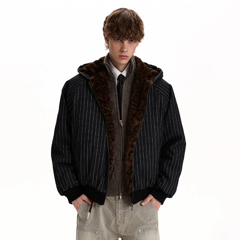 Abrigo acolchado con capucha y estampado de leopardo, diseño original de invierno, con parches de piel sintética, chaqueta parka a rayas, modelo JY9142, para hombre, de moda y con forro grueso.