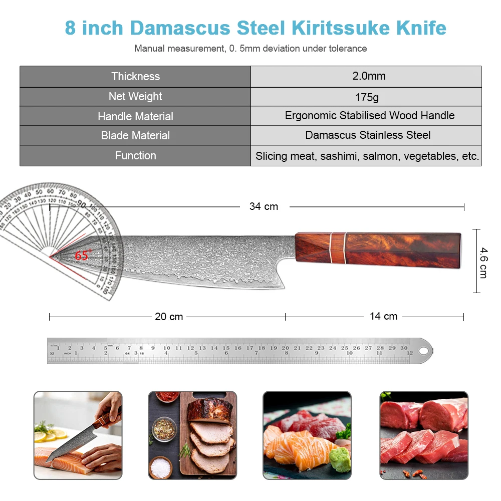 XITUO Japanese 8 inch Kiritsuke Chef Knife 67 Layers Damascus Steel Octagon Stabilized Wood Handle Sharp Kitchen Slicing Knife