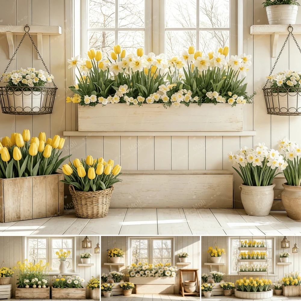 

Spring Flowers Basket Background White Wooden Wall Suspended Basket Wedding Family Party Decor Backdrop Photography Props