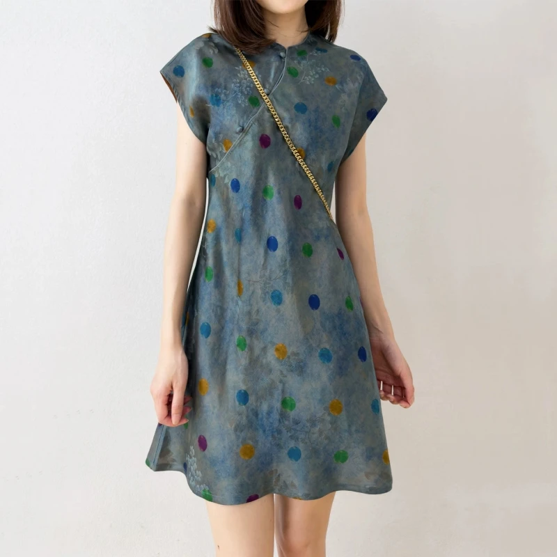 BirdTree, 24MM 100% Real Silk Cheongsam Dress, Bias-cut, Women Jacquard Satin Xiangyunsha Slim Dresses, 2026 Summer New D66209JF
