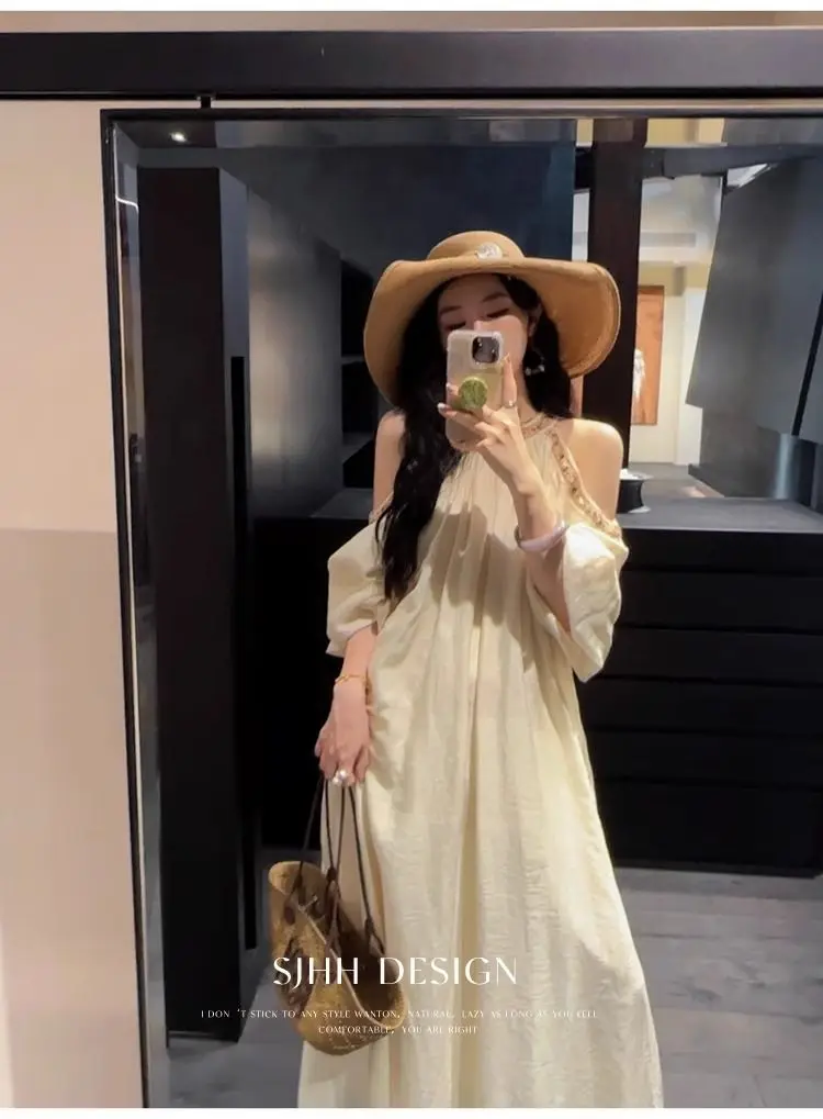 

Korea Off Shoulder Long Dress Female Clothing O-Neck Stylish Folds Basic Summer Loose Vintage French Style A-Line Dresses