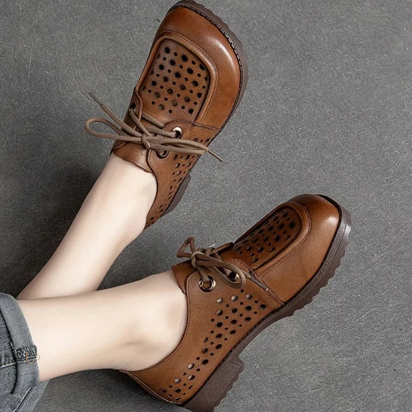 2025 أحذية كعب متوسط للنساء 3 سنتيمتر كعب مضخات جلد البقر أزياء من الدانتل حتى الجوف خارج كعب سميك أحذية منصة السيدات الفاخرة #6