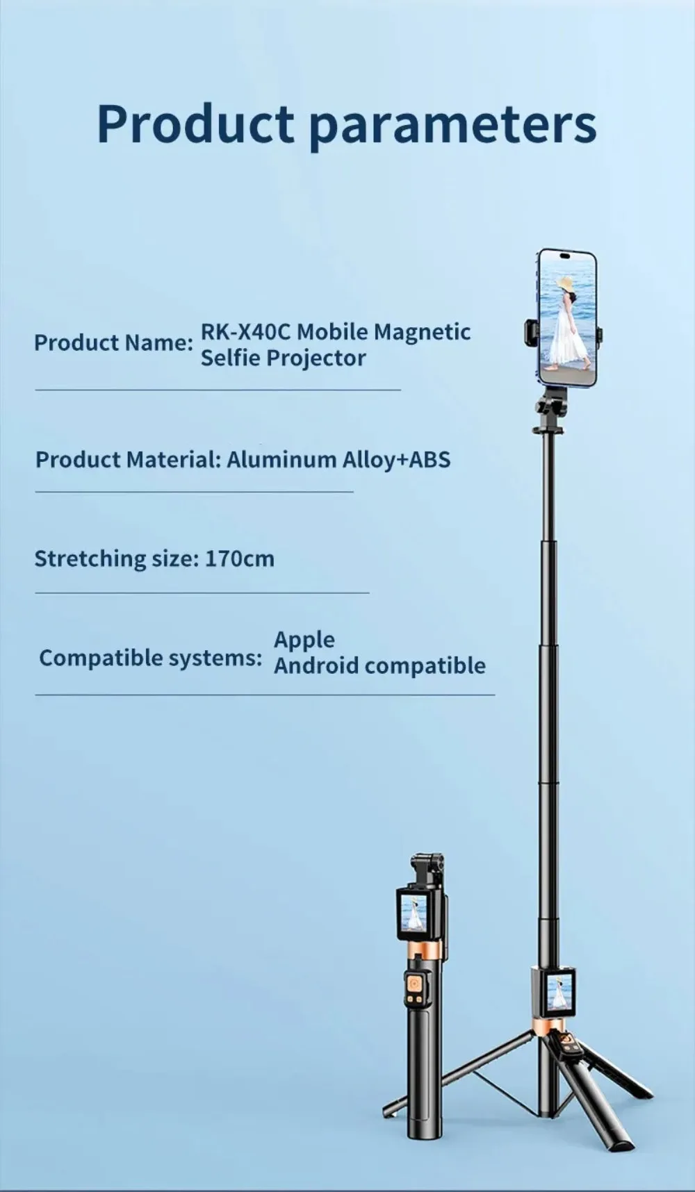 Treppiede portatile estensibile, design leggero, base stabile, bastone per selfie, rotazione a 360°, altezza regolabile, telecomando._voghion.com