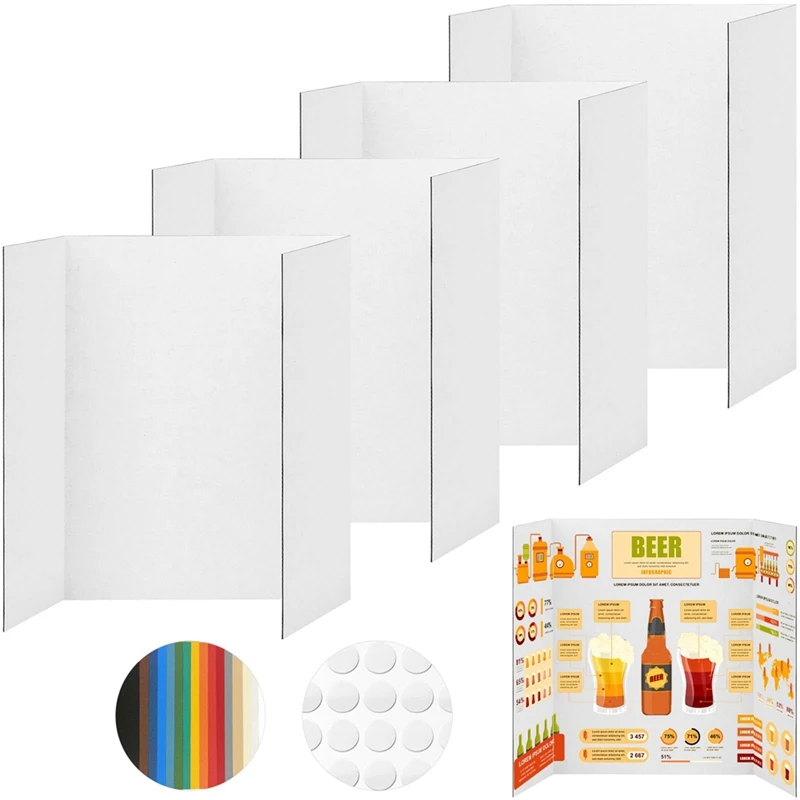 4 Pcs Trifold Poster Board, White Poster Board Comes With Sticky Accessories, Corrugate Presentation Boards Durable S