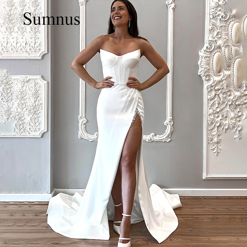 

Sumnus White Wedding Dresses Sexy Detachable Off The Shoulder Sleeves Side Slit Satin Bride Party Gowns Vestidos de Novia