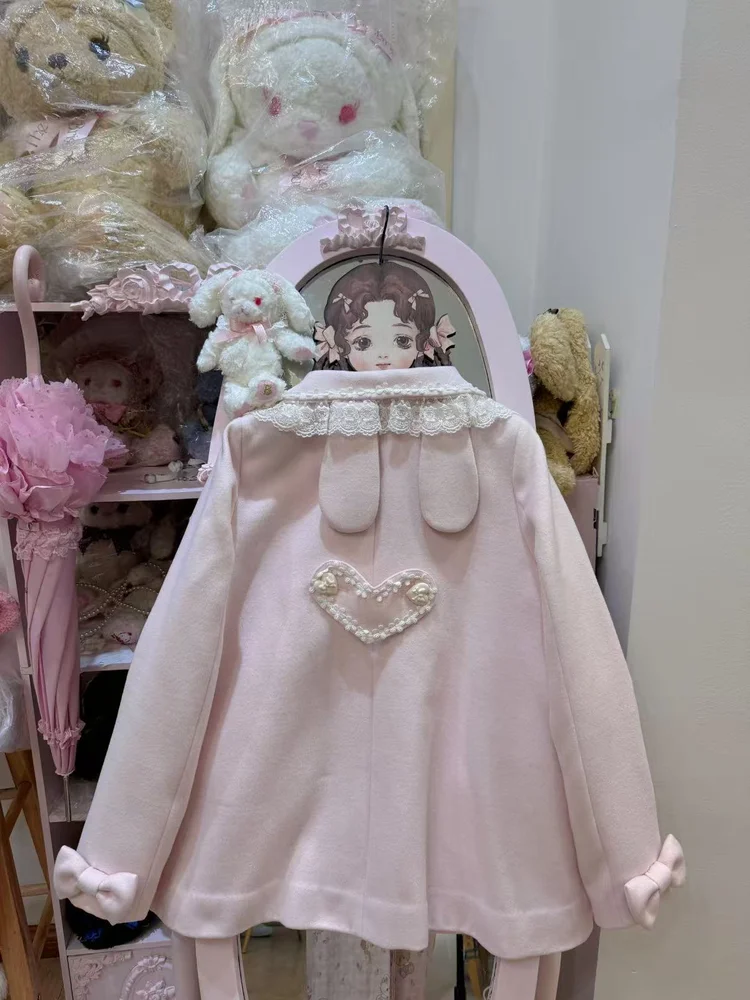 

Французское осенне-зимнее милое розовое пальто для девочек, милое кружевное пальто с кукольным вырезом, модная повседневная одежда с карманами и мягкими кроличьими ушками, изысканная верхняя одежда