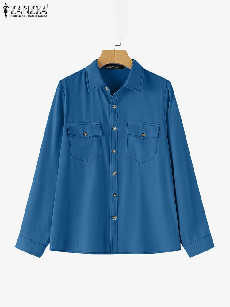 

ZANZEA 2025 Autumn Women Shirts Casual Loose Outfits Solid Color Fashion Pockets Lapel Collar Tops Long Sleeve Holiday Cardigan