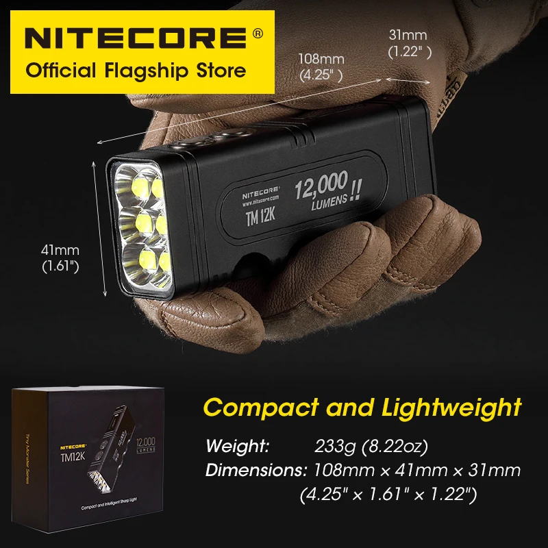 NITECORE TM12K Tactical Flashlight Powerful USB-C Rechargeable Super Bright 18W QC Searchlight CREE XHP50, 21700 Li-ion Battery