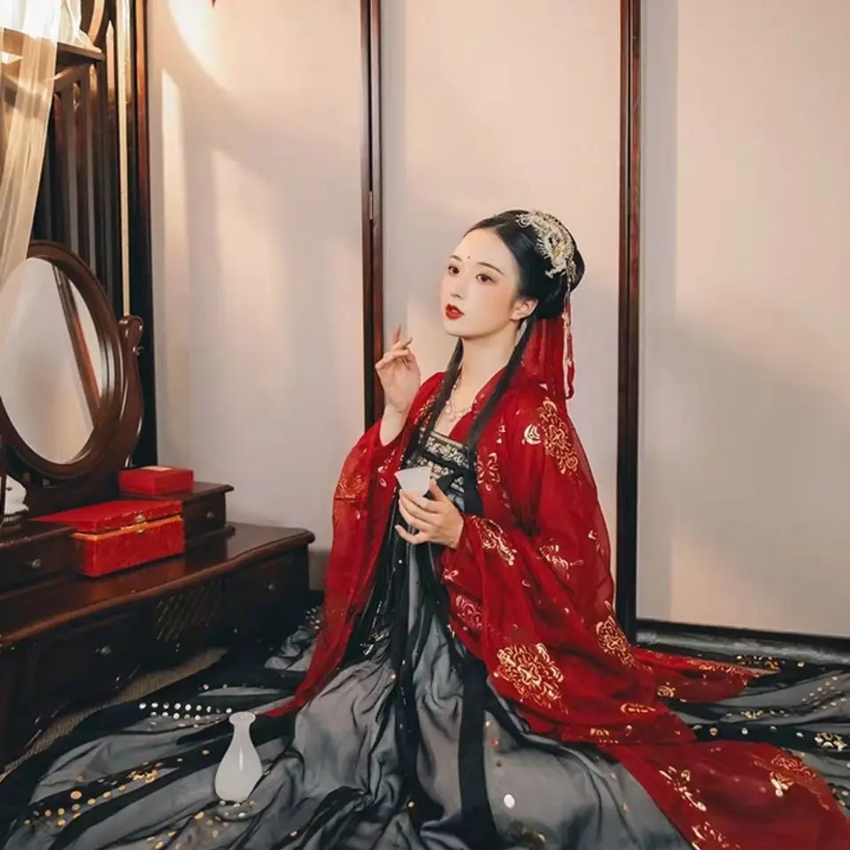 Hanfu กระโปรงยาวหน้าอกหรูหราสวยงามสำหรับฤดูใบไม้ผลิและฤดูร้อนชุดเดรสเต้นรำคลาสสิกสไตล์จีน