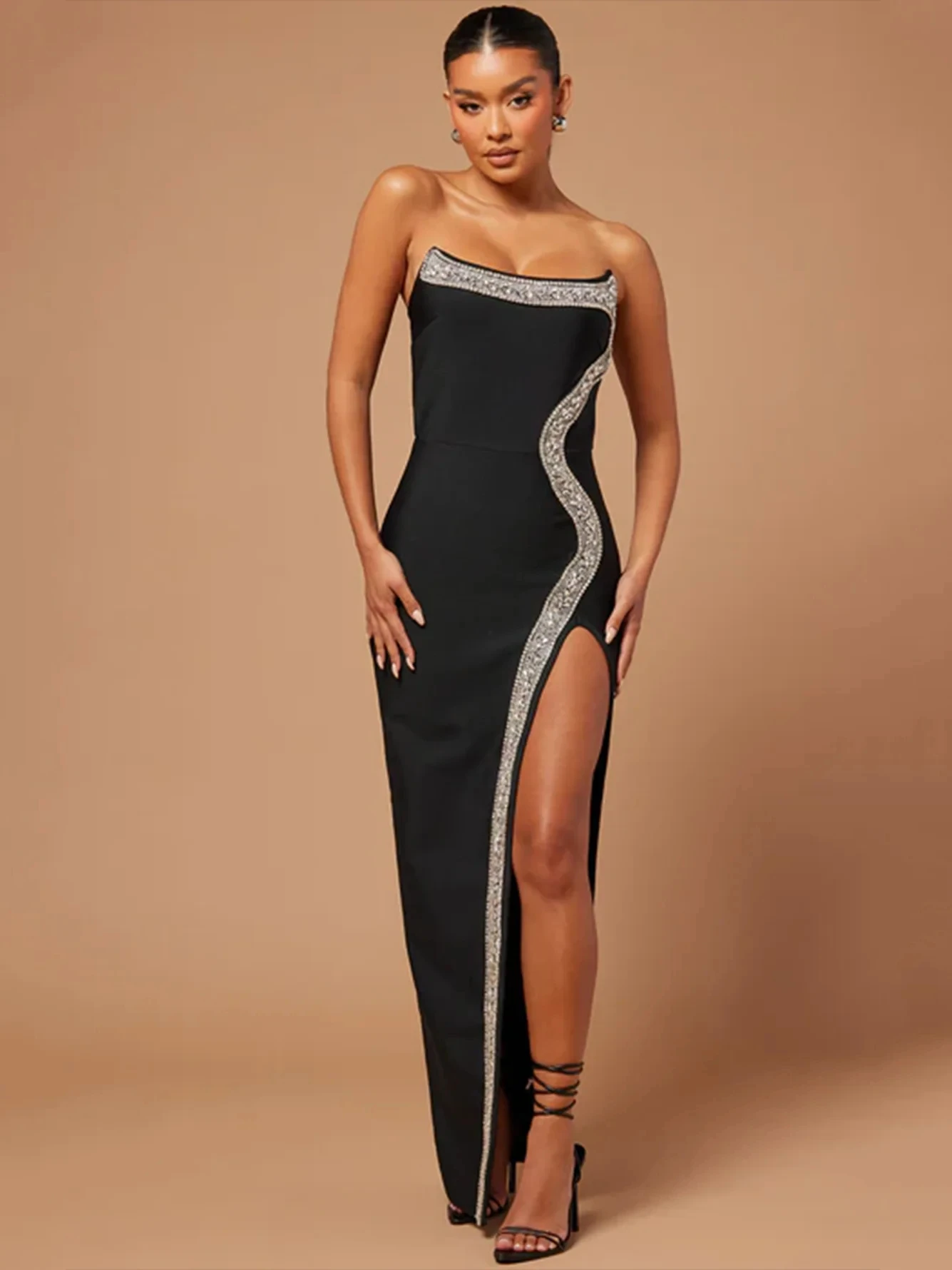 

Hot Crystal Embellished Sexy Strapless Bandage Dress Women Black Sleeveless Diamonds Midi Bodycon Dresses Cocktail Party Evening