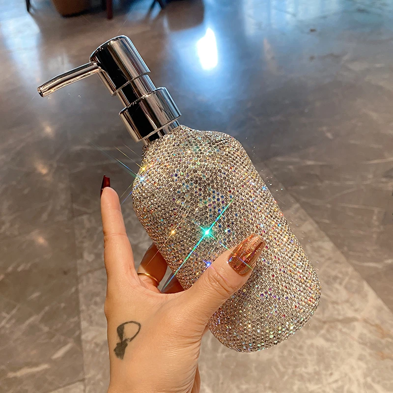 Soap Dispenser Press Storage Bottle with Rhinestones Shampoo and Shower Gel Bottle Refillable Lotion Hand Sanitizer Dispenser