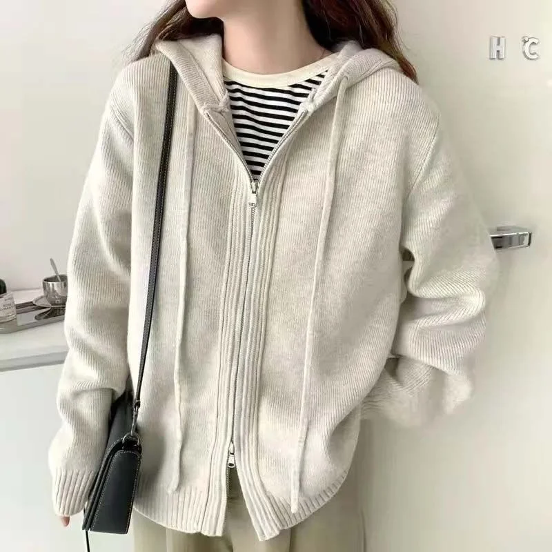 

Women's Hooded Sweaters Loose Thicken Knitted Cardigan Jacket Students Coat Zipper-up Short Tops Solid Outerwear Autumn Winter