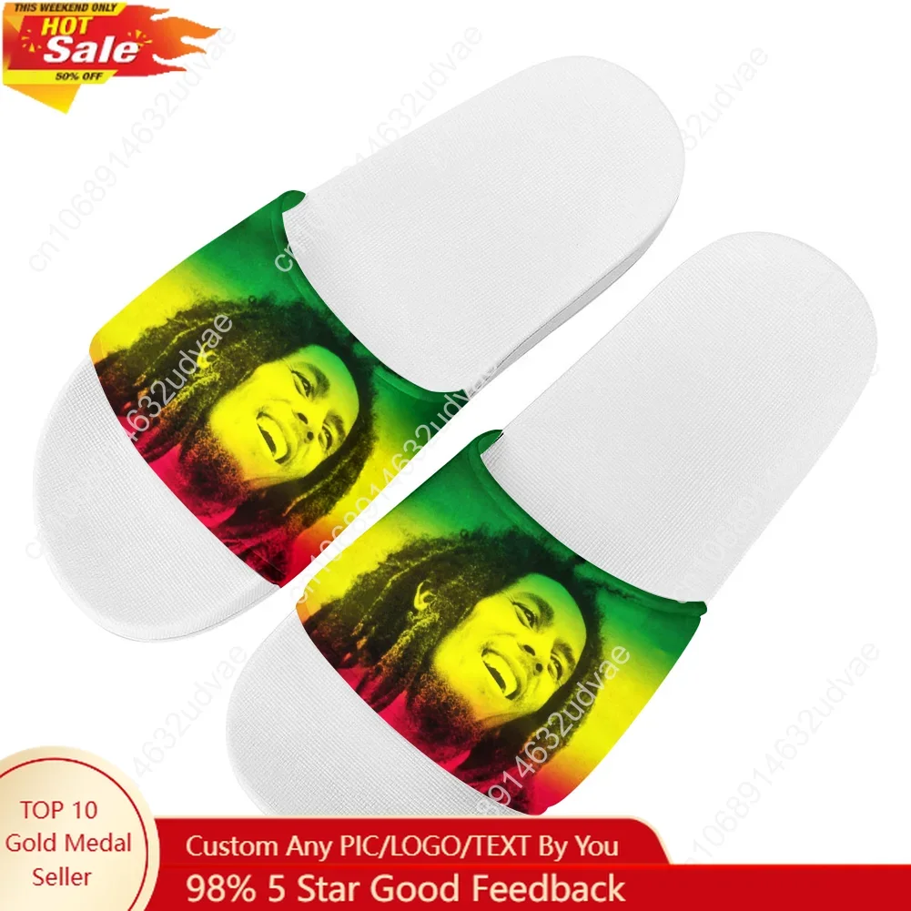 

Bob Marley Reggae Rasta Slippers Man Woman Boy Girl Tailor Made Slides Sandals Photo Text Customized Bath Shoes Water Shoe White