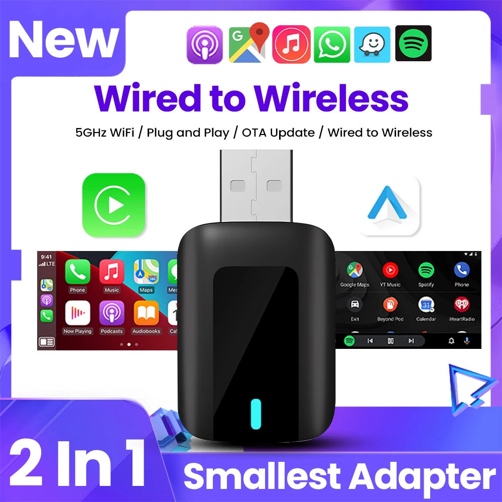 Wireless Carplay Adapter Android Auto Wireless Smart Dongle 2in1 For Volvo Benz Audi Kia Hyundai VW Mazda Cadillac MG Peugeot