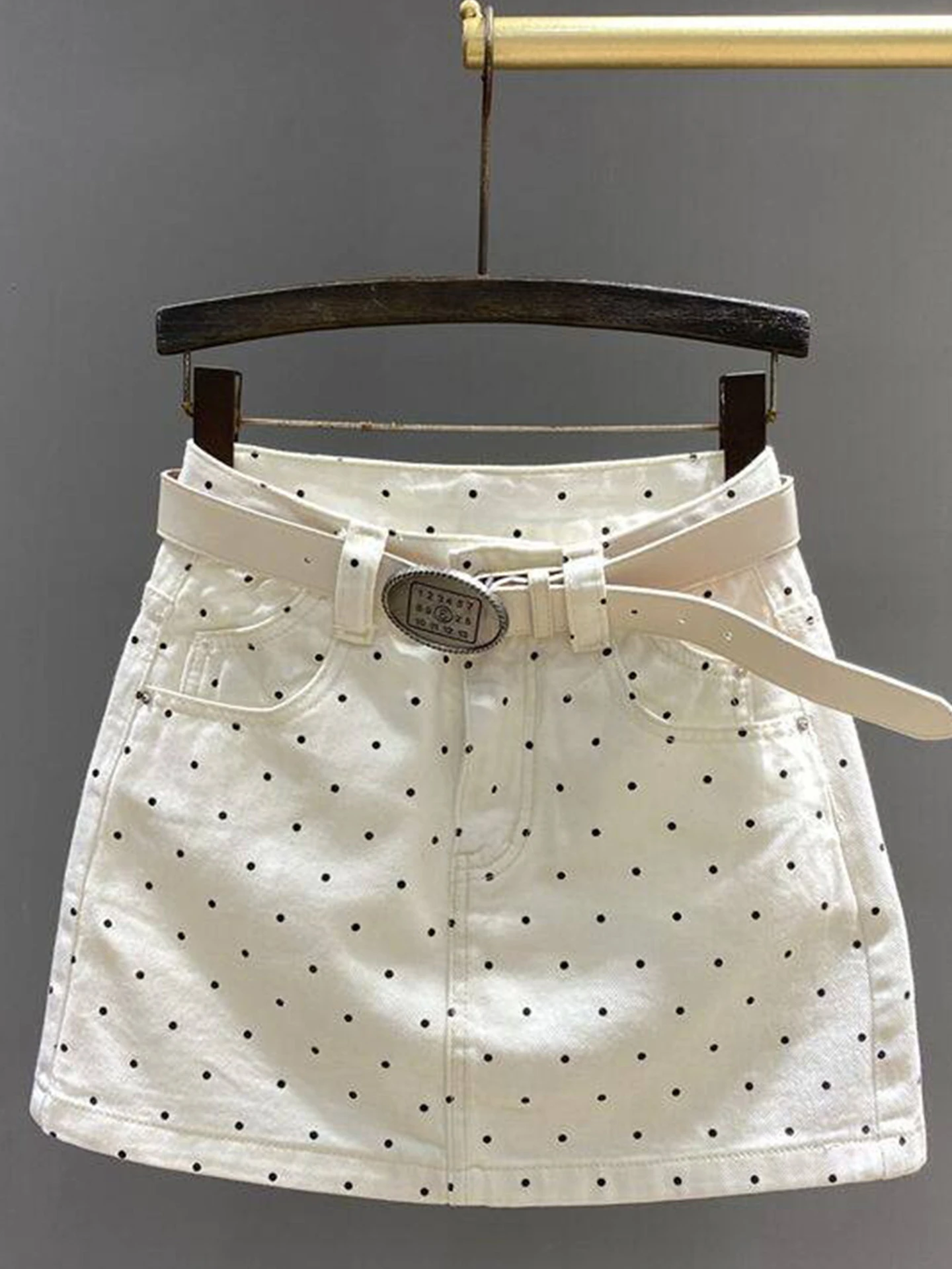 White Polka Dot High Waist A-Line Denim  Skirt Women's Summer Design Sensation Anti-Light Short Skirt Trendy Girl