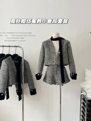 2023 Autumn Winter Outfits 2 Piece Shorts Sets V-Neck Tweed Coat Jacket Luxury + High Waist Shorts Office Lady French Elegance