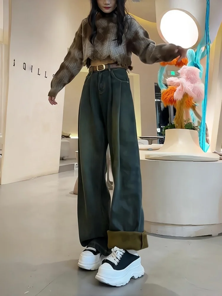 Plus Size Fce-gefütterte Thi-Denim-Jeans für Damen, hohe Taille, weites Bein, gerader Schnitt, lässig, bequem, atmungsaktiv, verschleißfest