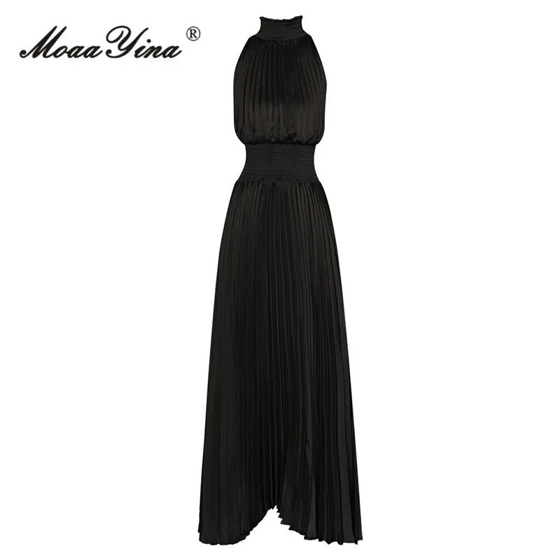 

MoaaYina Fashion Runway dress Summer Women Dress Black Color Elegant Stand Collar Sleeveless Elastic Waist Asymmetrical Dress