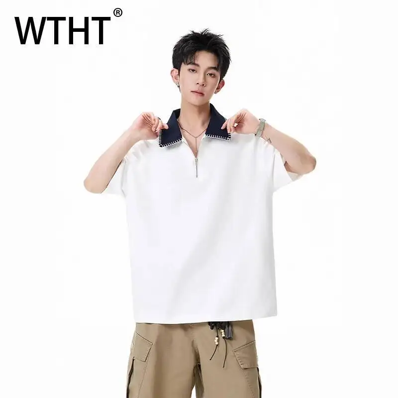 

WTHT Fashion Men's Spliced Contrast Color Design Casual Tops Male 2026 Summer Vintgae Zipper Turn Down Collar Tops Male 2A2889
