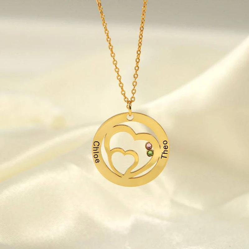 

Engraved 2 Name Heart Circles Pendent Custom Personalized Name Cricle Diamond Pendant Necklace Women Mom S925 Jelwery Gifts