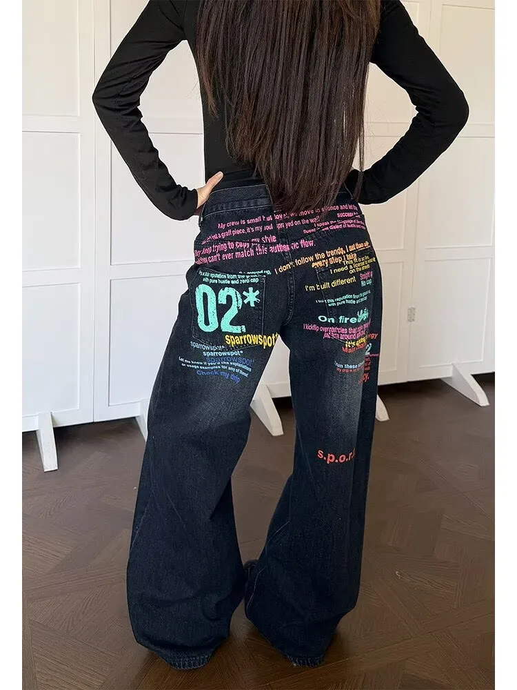 Women Blue Gothic Y2k Oversize Jeans Harajuku Retro Letter Printed Wide Leg Denim Trousers 2000s Style Jeans Pants