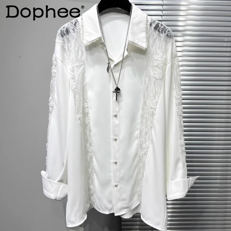 

Men's 2025 Summer New Original Personality Lace Tops Splicing Handmade Bead Lapel Handsome Shirts Long Sleeve Design Chic Shirt