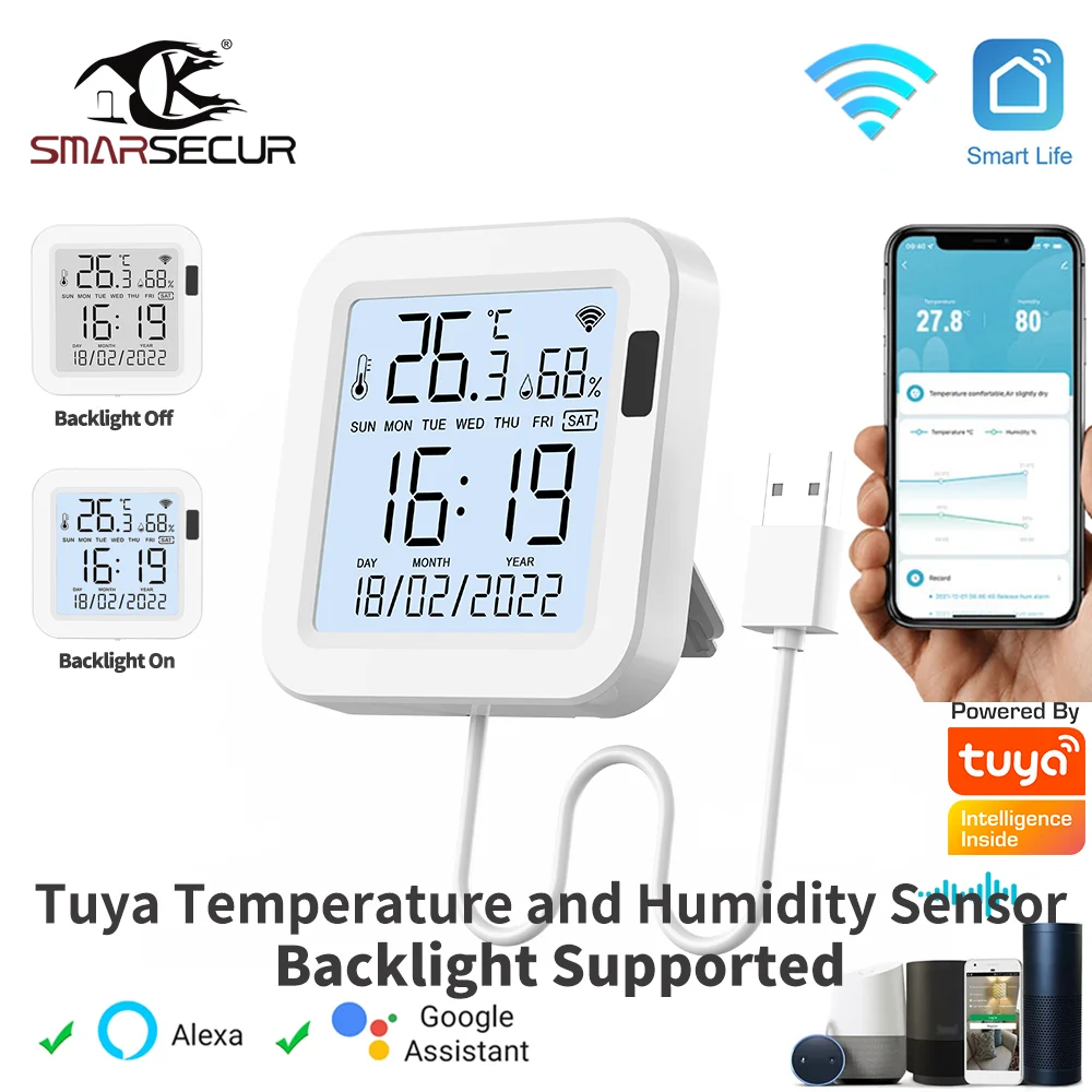 Tuya Temperature and Humidity Smart Sensor With Backlight for Smart Home var WiFi SmartLife Work with Alexa Google Assistant