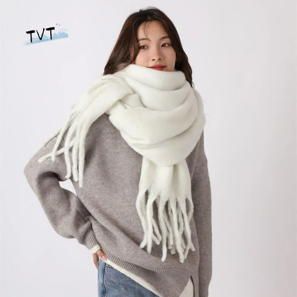 

Элегантный шерстяной шарф из мохера в клетку, плюшевые утолщенные зимние кашемировые шарфы с кисточками, однотонная длинная шаль для девочек