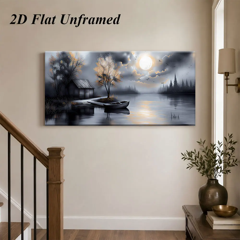 1pc (No frame),1 peaceful moonlit lake cabin frameless decorative painting, modern minimalist living room, foyer, corridor, natu