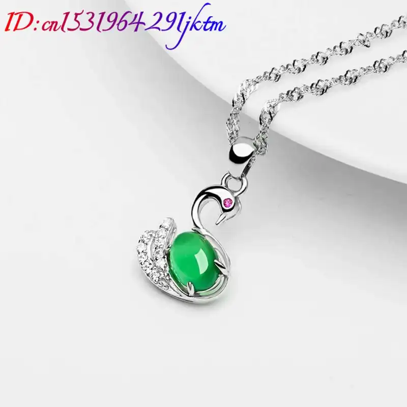 Green Natural Jade Swan Pendant Necklace 925 Silver Carved Gemstone Charm Fashion Accessories Amulet Real Jewelry - Image 3