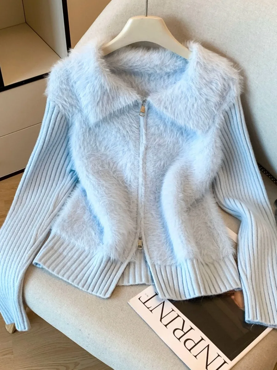 Water Rabbit Fur Jaet Women's Autumn Winter New Sle Double Zipper Open Cardigan Turn-down Collar Sweater Korean Sle Sli...