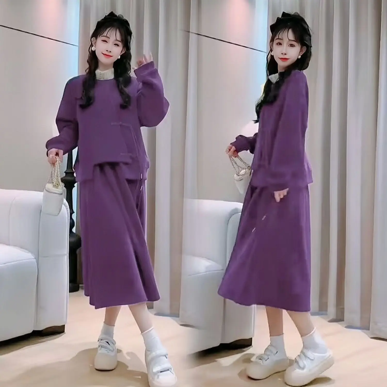 

Women's Winter Fashionable Fleece Lined Sweatshirt Set with Button up Top And High Waist Skirt High Waist Midi Skirt Two Piec...